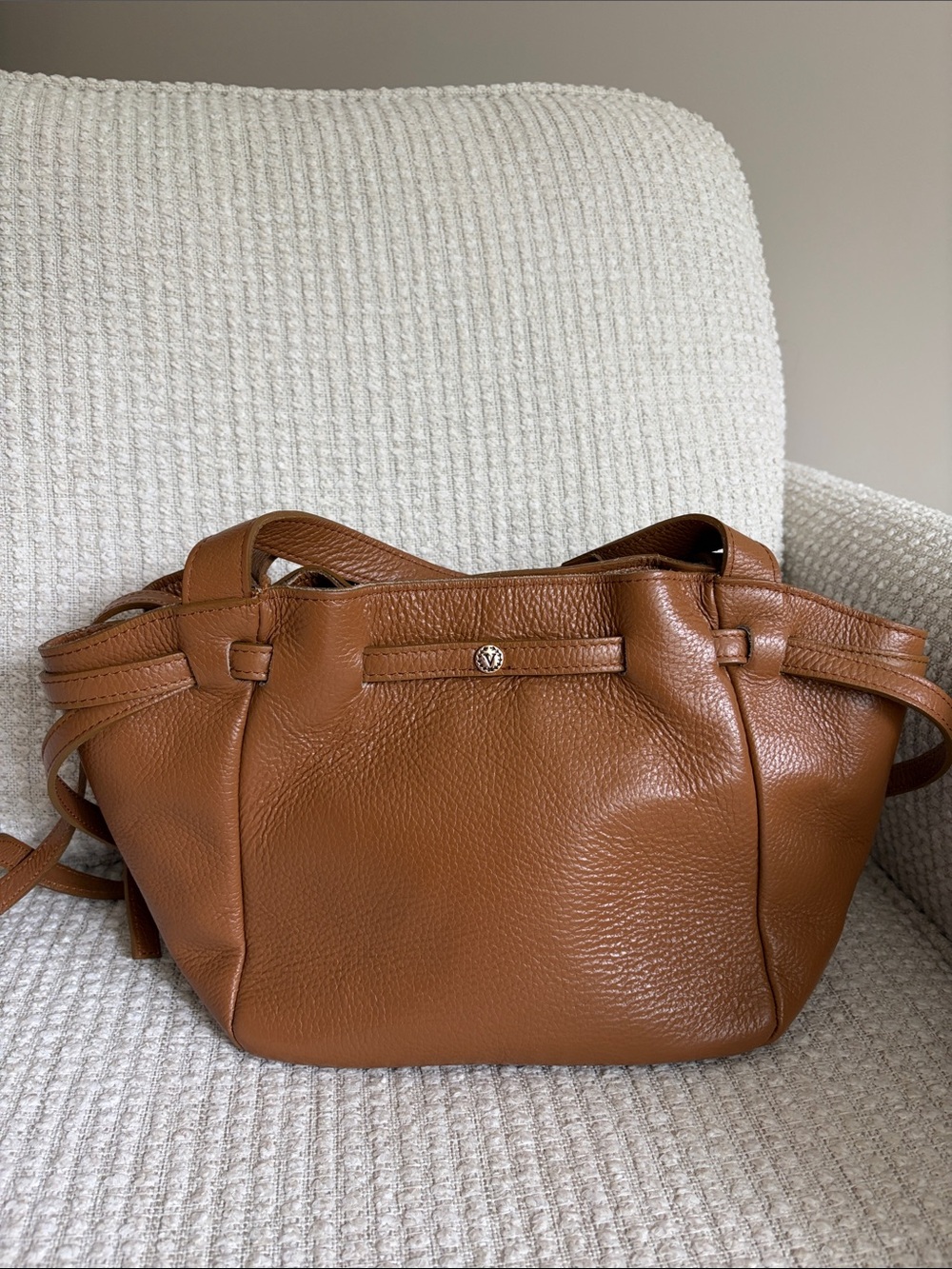 Valentina Pebbled Leather Shoulder Bag in Cognac Brown